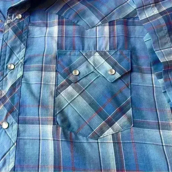Vintage Wrangler Pearl Snap Western Shirt - Blue Plaid Double Snap Pockets XXL - Picture 4 of 4